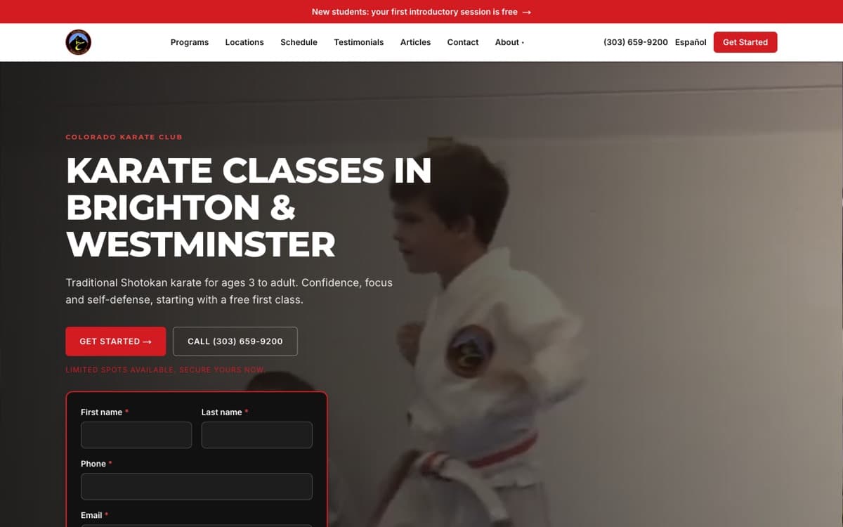 Colorado Karate Club website home page